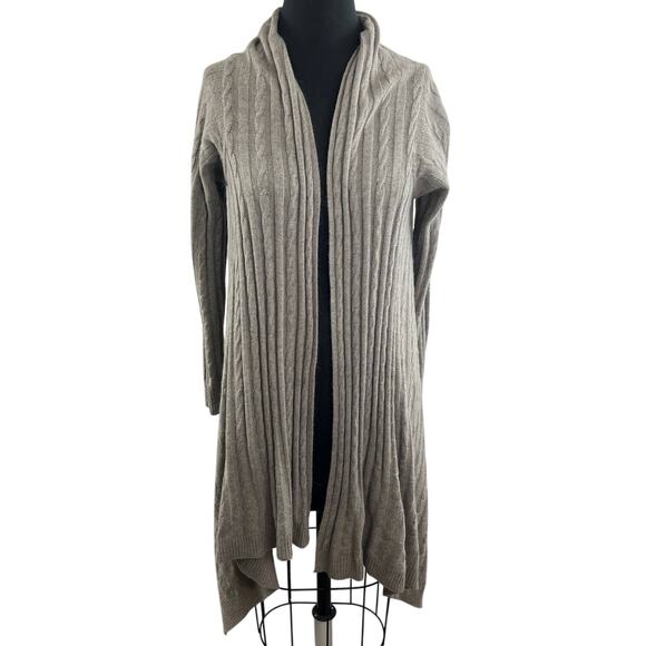 Lauren Ralph Lauren LRL Tan Cable Knit Open Front Asymmetric Midi Cardigan M - Picture 1 of 7